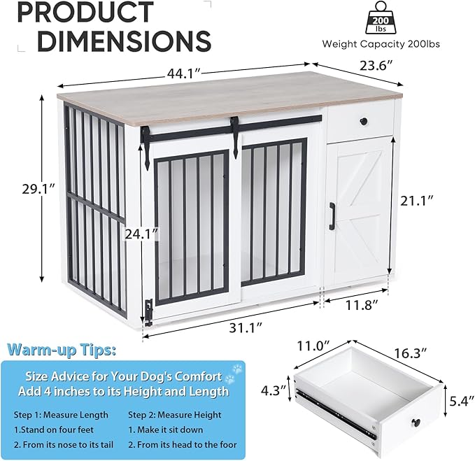 Verano Garden 44" Dog Crate, 2-in-1 Furniture-Style Dog Crate with Storage Drawer & Cabinet, Heavy Duty Dog Kennel Dog Cage Indoor for Small Medium Dogs, White (44" Right Facing Door)