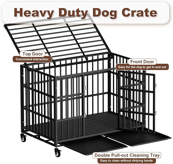 42 Inch Heavy Duty Dog Crate with Wheels，Indestructible Escape-Proof Dog Cage for Large Dogs, Extra Large XL XXL Indestructible Dog Crate with Removable Tray.