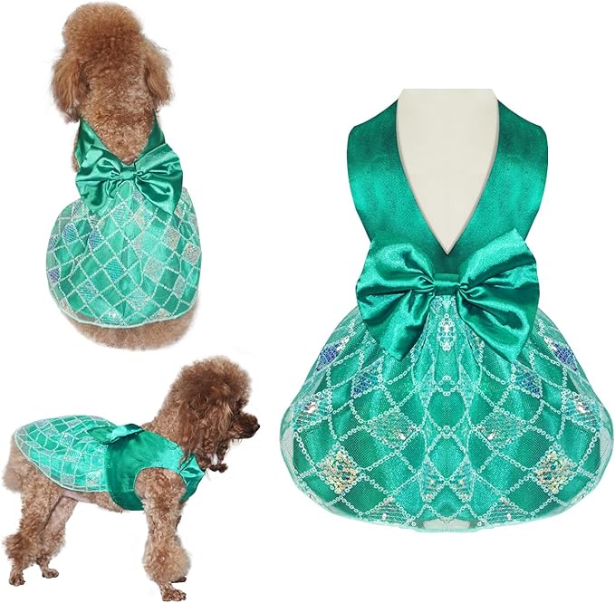 Dog Dresses, Breathable Pet Dress for Medium Small Puppy, Pet Silk Skirt, Doggy Party Dress with Sequin, Summer Dog Custome, Cat Apparel, Green L