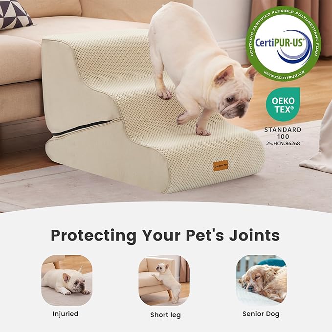 Gardner Pet Dog Stairs for Small Dogs 16.5" H, 2 in 1 Transformable 3-Step Pet Stairs and Dog Ramp for Couch (13-20 in), Beige Adjustable Pet Steps with Non-Slip Waterproof Cover and CertiPUR-US Foam