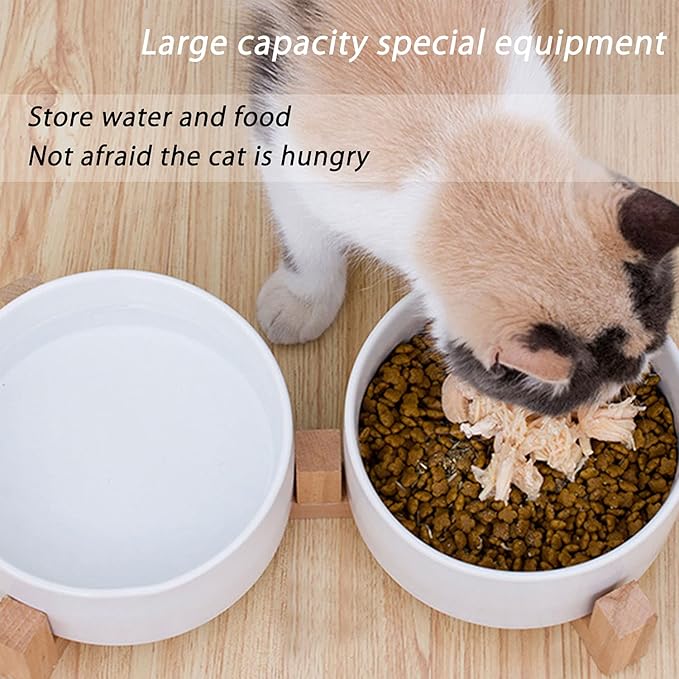 Petygooing Dog Bowls,White Ceramic Cat and Dog Bowl Set with Wood Stand for Food and Water, Non-Slip Cute Modern Pet Dish Set for Cats & Medium Dogs (28OZ)