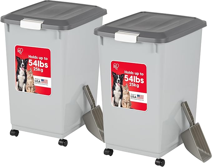 IRIS USA Dog Food Storage Container 50 lbs, 2-Pack with Wheels, Airtight Lid, 2-Cup Scoop, Double Pet Food Storage, Built in Scoop Storage in Lid, Versatile Pet Food Bin, Portable, Gray/Dark Gray