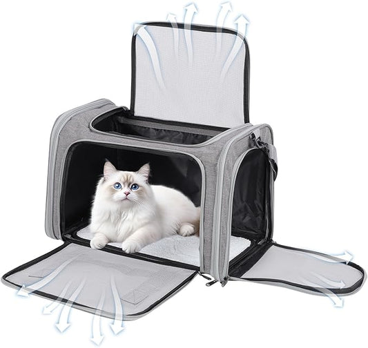 Cat Carrier Soft, Collapsible Cat Bag Carrier, TSA Airline Approved Pet Carrier for Cats with Removable Mat, Breathable Pet Travel Carrier for Small Medium Adult Pussy & Small Dogs (Grey)