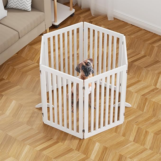 unipaws 120" Extra Wide Pet Gate, Free Standing Dog Gate for Doorways, Stairs, Foldable Gate & Room Divider, Wooden Puppy Playpen, Expandable Barrier for The House, Indoor Use (36" H, White)