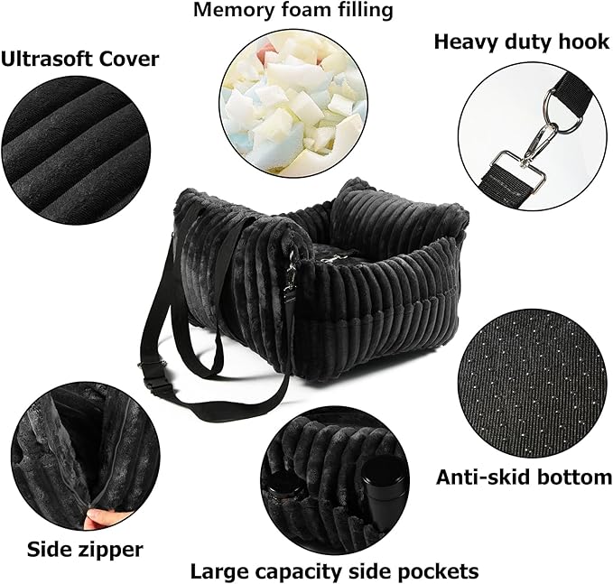 Dog Car Booster Seat, for Small Dogs Under 30 lbs, Detachable Washable Travel Bed with Storage Pockets and Safety Belt (Black, Medium)