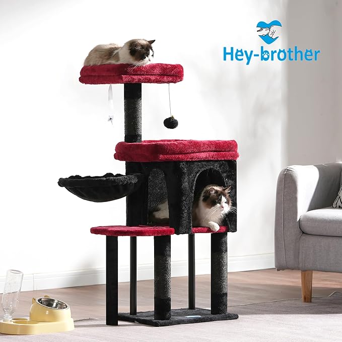Hey-brother Cat Tree Tower, Scratching Posts with Cozy Condo, Padded Bed, Hammock, Plush Perch, Sisal Post and Ball for Indoor Kittens, 44.9 Inches, Black and Red MPJ009SBR