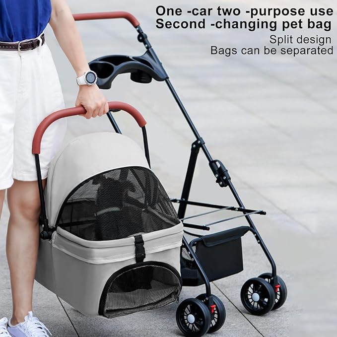 Pet Stroller-Folding 4 Wheels Cat/Dog Stroller for Medium Small Pets with Storage Basket and Cup Holder Suitable for Going Out and Traveling (Grey)