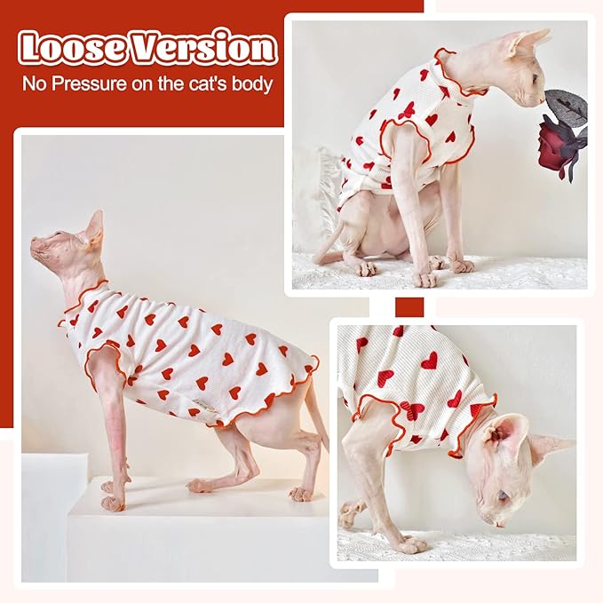 DENTRUN Heart Pattern Sphynx Hairless Cats Shirt, Kitten T-Shirts with Perlin Sleeves, Breathable Cat Wear Cute Sweater Adorable Hairless Cat's Clothes Vest Pajamas Jumpsuit