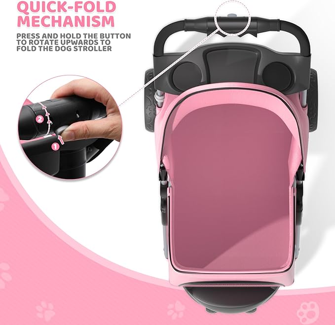 Magshion 3-Wheel Pet Stroller, Foldable Travel Jogger for Small & Medium Dogs & Cats (Up to 33lbs), Lightweight Carrier with Breathable Mesh Cover, Cup Holder & Storage Basket, Pink