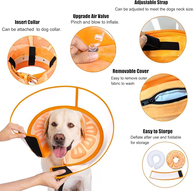Inflatable Dog Cone Collar for Large Medium Small Dogs, Soft Dog Donut Collar Adjustable Recovery Cone for Pets After Surgery, Extra Enhanced Anti-Licking Guard Shield for Pets (Medium, Orange)