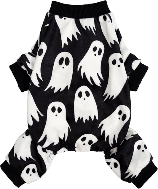 Fitwarm Halloween Ghost Dog Pajamas, Funny Halloween Costumes for Dogs, Fleece Dog Onesie with Feet, Doggy Clothes for Small Dogs Boy Girl, Pet Apparel, Black, White, Medium