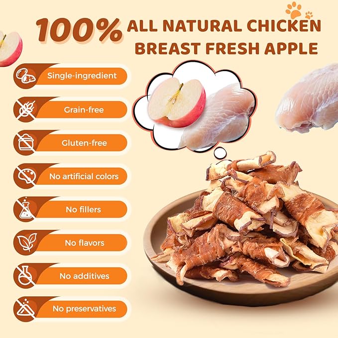 Chicken & Apple Wrapped Dog Treats, Healthy Natural Apple & Chicken Jerky Wraps, Grain & Gluten Free Chewy Dog Training Treats for Small Medium Large Dogs, 10.58oz