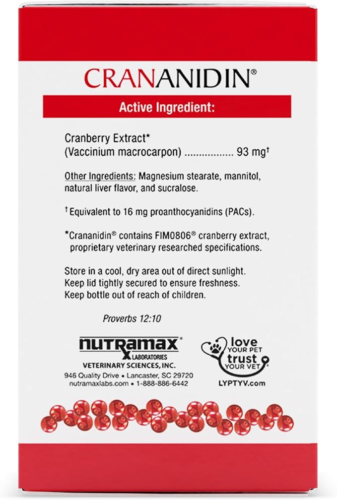 Nutramax Laboratories Crananidin Cranberry Extract Urinary Tract Health Supplement for Dogs, 75 Chewable Tablets