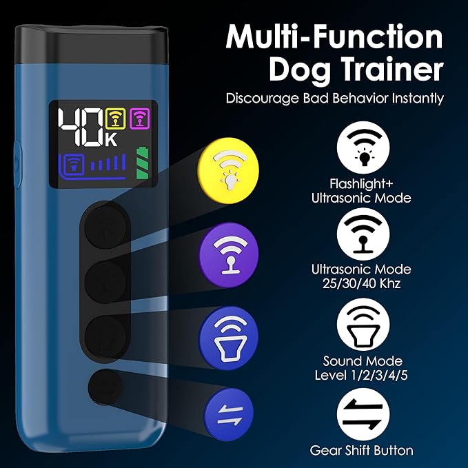 Dog Bark Deterrent Device, 65 FT Range,3X Ultrasonic Bark Deterrent Device & Ultrasonic Dog Trainer - Anti-Barking Device with Color Display, Safe & Effective Alternative to Bark Collars -Blue