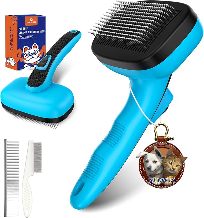 3 PCS Dog Grooming Brush Kit – Self Cleaning Slicker Brush for Shedding Short & Long Haired Dogs & Cats. Removes Loose Fur, Undercoat, Mats, Tangles for Small, Medium & Large Pets. Blue
