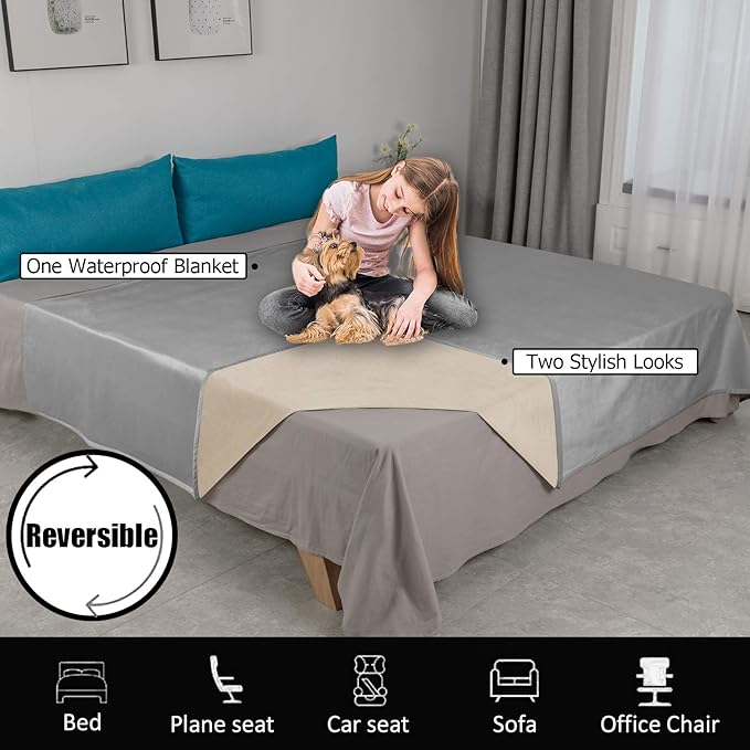 Ameritex Pet Bed Blanket Reversible 100% Waterproof Velvet Super Soft for Sofa and Bed (68x82 Inches, Light Grey+Beige)