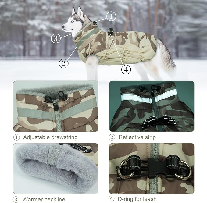 Lelepet Warm Dog Winter Coat Dog Coats for Small Dogs Waterproof Dogs Jacket with Harness Built in Reflective Cold Weather Coats Windproof Zip-Up Winter Fleece Vest Snowsuit Chihuahua Desert Camo