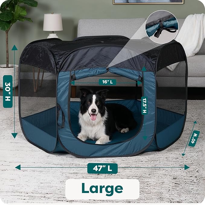 FurHaven Portable Pet Playpen for Dogs & Cats, Large Indoor Kitten Playpen with Mesh Sides, Foldable Dog Playpen for Small Dogs, Pop Up Travel Dog Pen, Large, Pet Crate with Mesh Sides, Sailor Blue