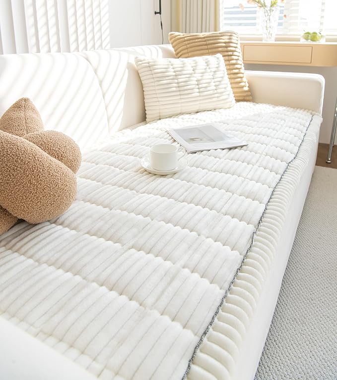 Faux Fur Plush Dog Couch Cover 3D Stripe Fuzzy Sofa Cover Non-Slip Fluffy Dog Bed Cover Pet Blanket Sofa Couch Furniture Protector for Puppy Large Dog Cat (Cream,31"x31")