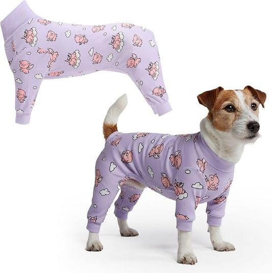 Spark Paws Dog Pajama, Dog Recovery Suit Male, Onesie, Ultra-Soft and 4-Way Stretch, for Small Medium and Large Breeds - When Pigs Fly - Purple - L
