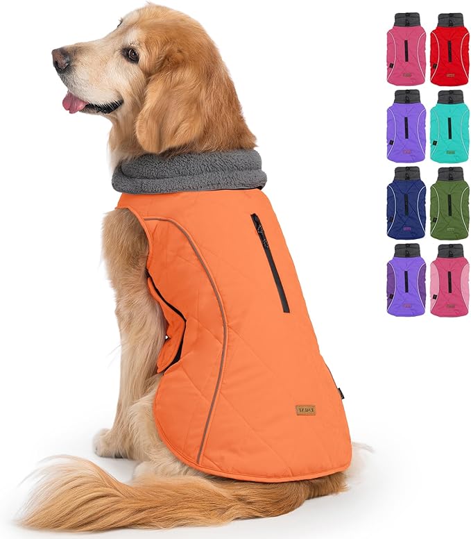 EMUST Winter Coat for Large Dogs, Windproof Dog Jacket for Cold Weather, Extra Warm Dog Winter Clothes for Small Medium Large Dogs, Orange, XXL