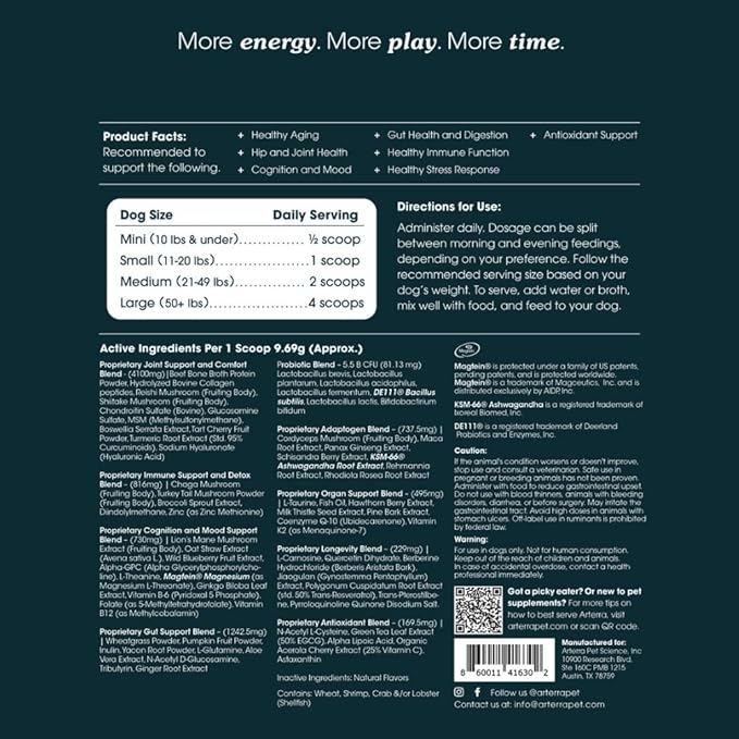 Senior Dog Powder Supplement & Food Topper – 63 Ingredients for Joint, Gut, Immune & Brain Health – Daily Longevity Multivitamin with Glucosamine, Probiotics, and Fish Oil | 120 Scoops