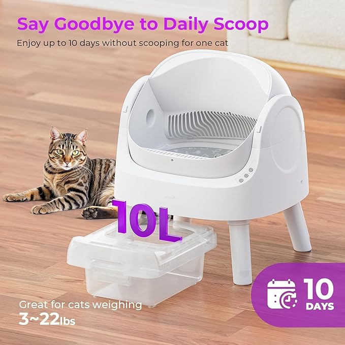 Self-Cleaning Cat Litter Box for Multiple Cats - Automatic, Open Top, White with Liners and Mat Included