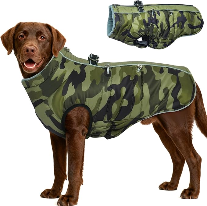 Dog Winter Jacket - 3X Large, Warm Zip Up Snowsuit Dog Harness Vest, Reflective, Water-Resistant, Camouflage