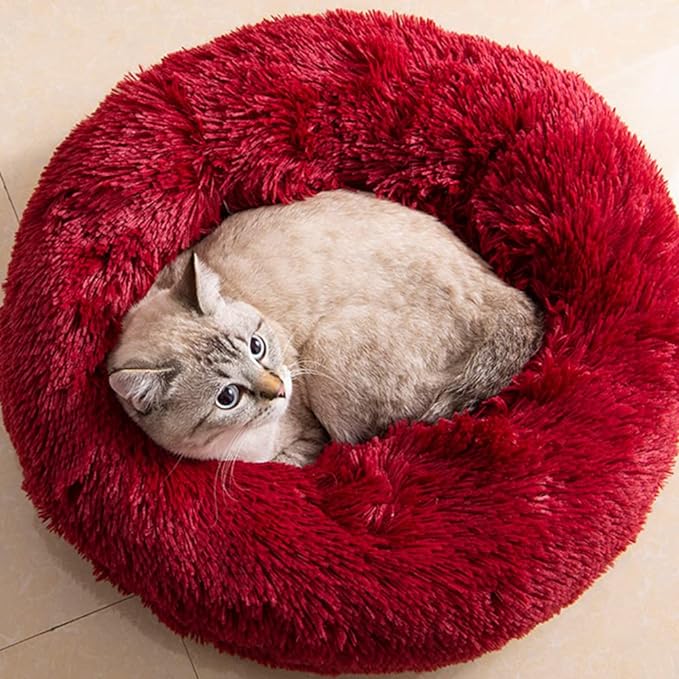 Cat Beds for Indoor Cats - Cat Bed Washable 24 inches, Dog Beds for Small Medium Dogs, Anti Anxiety Round Fluffy Plush Faux Fur Cat Bed, Thick Bottom (Red, Large 24" L x 24" W)