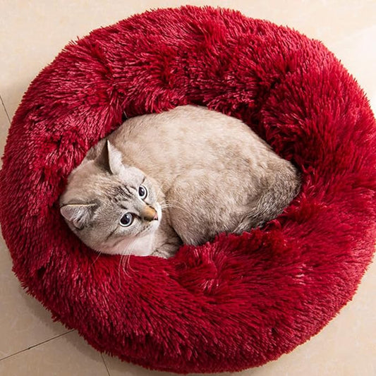 Cat Beds for Indoor Cats - Cat Bed Washable 24 inches, Dog Beds for Small Medium Dogs, Anti Anxiety Round Fluffy Plush Faux Fur Cat Bed, Thick Bottom (Red, Large 24" L x 24" W)