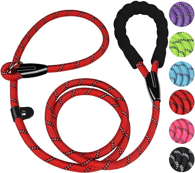 Slip Lead Dog Leash, 6 FT Heavy Duty Dog Leashes, Durable Training Rope Slip Leash with Comfortable Padded Handle and Highly Reflective Threads for Small Medium and Large Dogs, (Red)