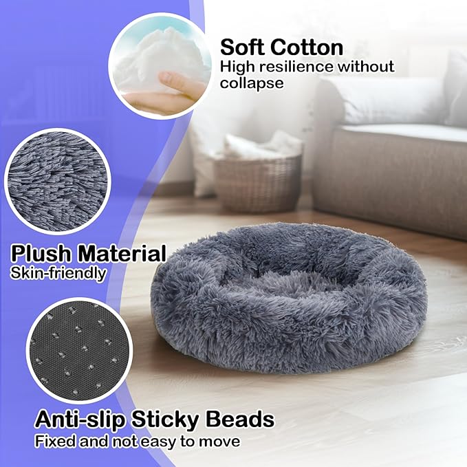 Cat Bed - Calming Cat Bed for Small Kittens Donut Washable Round for Indoor Kittens and Puppies, Anti-Slip Round Fluffy Plush Faux Fur,Large, Dark Blue