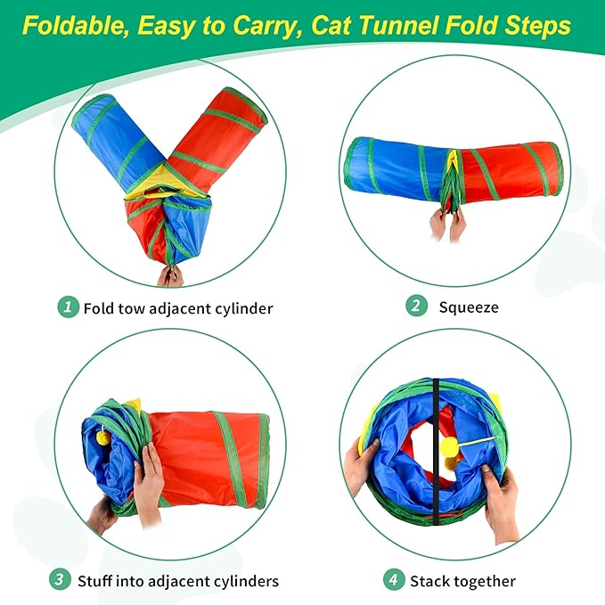 Cat Tunnel 4 Way Collapsible, Cat Toys Interactive Tunnels for Indoor Cats, 12 PCS Cats Springs Toy Kitty Kitten Toys Pack, Rabbit Tunnel Tube with Peephole, Large Rainbow Tunnels