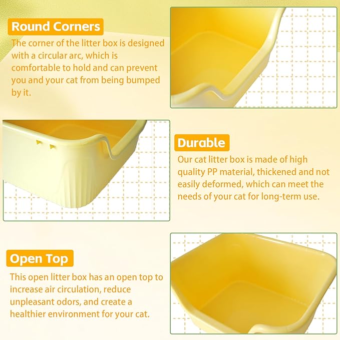 Jumbo Kitty Litter Box with High Sides,Large Cat Litter Pan Low Entry for Senior Cats 21.45 x 16.14 x 10.43 Inches Anti Splashing Easy Clean for Small Medium Cat(Yellow)