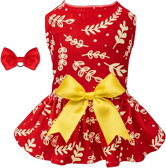 CuteBone Dog Christmas Dresses Outfit Velvet Holiday Small Dogs Clothes Onesie Pet Apparel Girl Puppy Skirt with Bow Hair Rope CVA30M