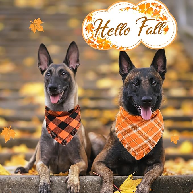Kytely Dog Bandana Fall Christmas XLarge 2Pack, Halloween Thanksgiving Dog Bandanas, Orange Plaid Pet Scarf for Boy and Girl, Holiday Bandana Reversible Triangle Bibs Accessories for Dogs Pets