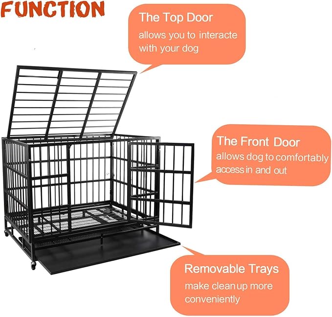 LEMBERI 42 inch Heavy Duty Indestructible Dog Crate, Escape Proof Dog Cage Kennel with Lockable Wheels,High Anxiety Double Door Dog Crate,Extra Large Crate Indoor for Large Dog with Removable Tray