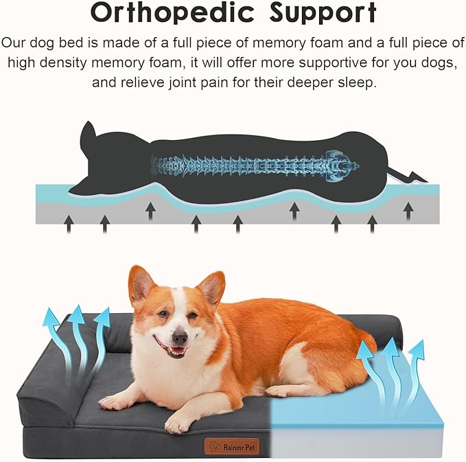 Orthopedic Dog Beds Large Sized Dog, Memory Foam Pet Bed for Medium and Large Dogs, Removable and Washable Microsuede Cover, TPU Waterproof Liner, Nonskid Bottom, 41x27x6 Inches, Dark Grey