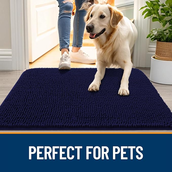 OLANLY Dog Door Mat for Muddy Paws 45x27, Absorbs Moisture and Dirt, Absorbent Non-Slip Washable Doormat, Quick Dry Chenille Mud Mat for Dogs, Entry Indoor Entryway Carpet for Inside Floor, Navy Blue