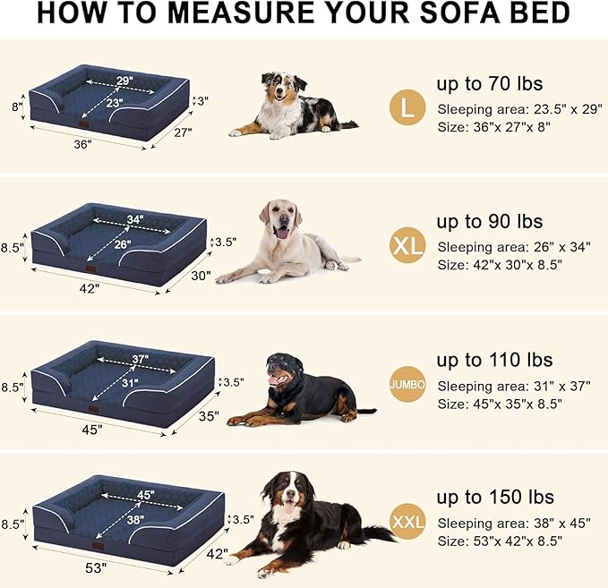 Orthopedic XL Dog Beds, Waterproof Memory Foam Big Pet Bed for Extra Large Sized Dogs 45x35Inch, Non-Slip Bottom and Egg-Crate Foam Dog Couch Bed with Washable Removable Cover, Navy Blue