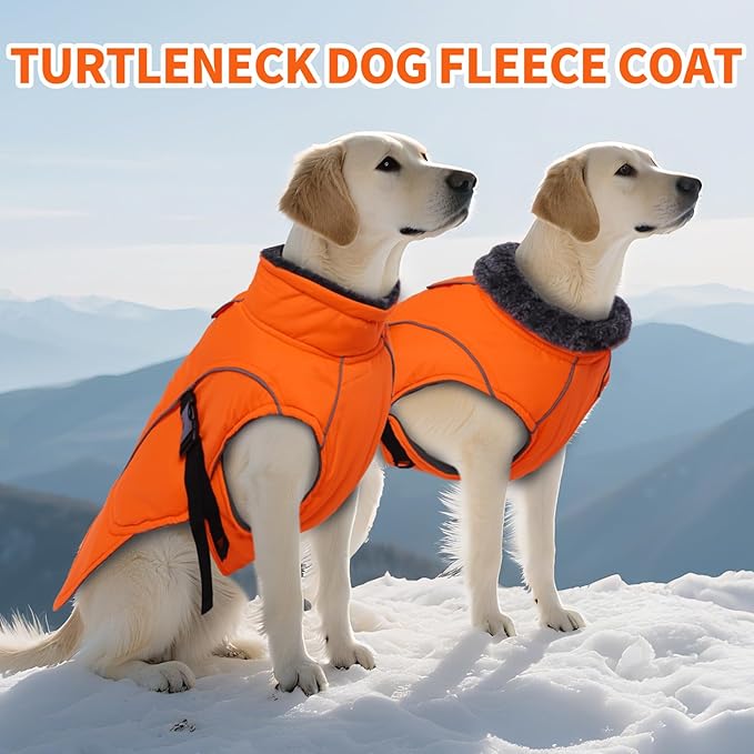 DENTRUN Large Dog Winter Coat - Windproof Reflective Warm Coat, Adjustable Neck & Snap Closure, Water Repellent Thick Fleece Vest, Fleece Lined for for Golden Retriever, Orange, XL