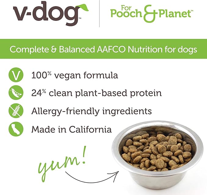 V-dog Vegan Kibble Dry Dog Food (24 LB) | Plant Based Protein with Added Taurine for Sensitive Stomach and Skin | Adult Dog Food | Vegetarian Superfood | Made in US