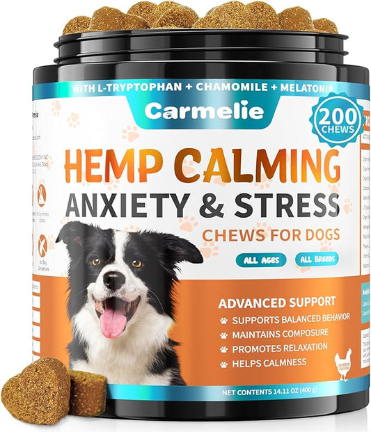 Hemp Calming Chew for Dog - 200 Chews Dog Calming Treats -Dogs Anxiety & Stress Relief Valerian Root Chamomile Melatonin for Separation, Barking, Stress & Slee- Chicken Flavor