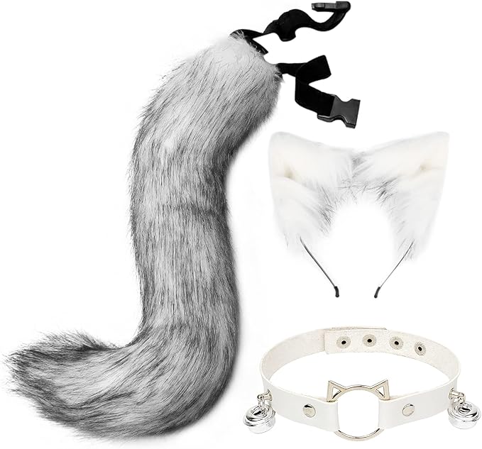 Cat Ears and Wolf Fox Animal Tail Cosplay Costume Faux Fur Hair Clip Headdress Halloween Leather Neck Chocker Set