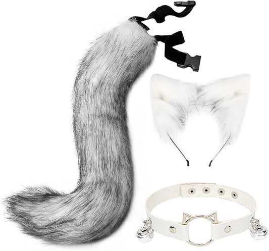 Cat Ears and Wolf Fox Animal Tail Cosplay Costume Faux Fur Hair Clip Headdress Halloween Leather Neck Chocker Set