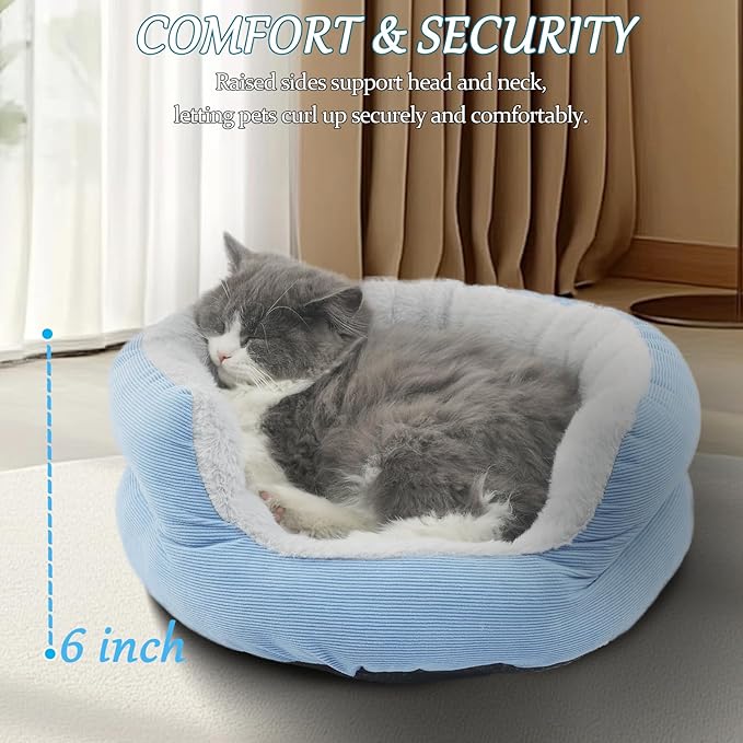 Puppy Bed for Small Dogs Washable Cat Bed,Donut Calming Blue Dog Sofa for Cute Small Kitten Anti Slip for Anxiety Pet Sleeping Couch Soft Sherpa Round Beds for Doggy and Kitty Fluffy Cushion,16 inch