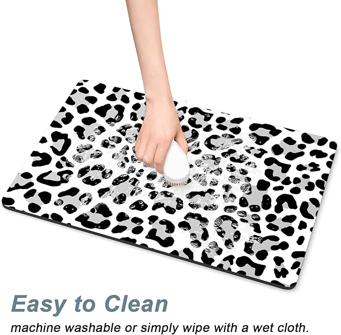 Rnivvi Dog Food Mat, 12" x 19" Leopard Absorbent Dog Cat Bowl Mat for Food and Water, Cute Anti-Slip Rubber Pet Feeding Rug Protect Floors, Puppy Placemat for Feeding & Watering Supplies, Leopard