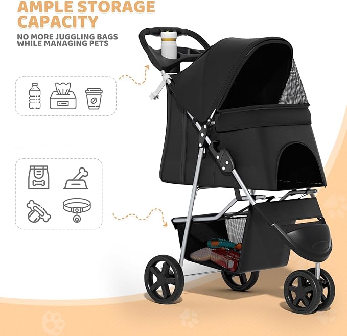 Magshion 3-Wheel Pet Stroller, Foldable Travel Jogger for Small & Medium Dogs & Cats (Up to 33lbs), Lightweight Carrier with Breathable Mesh Cover, Cup Holder & Storage Basket, Black