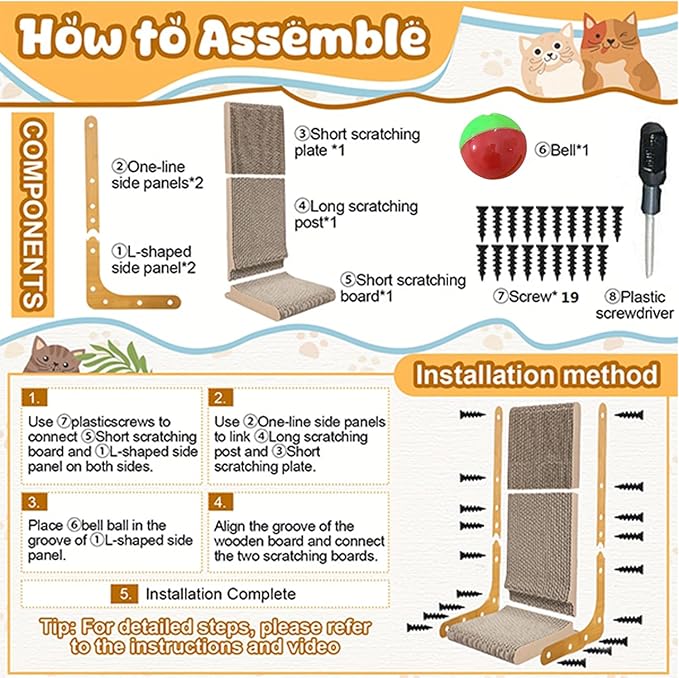 L Shape Cat Scratcher, 23.6 Inch Large Vertical Scratching Board Wall Mounted, Durable Cardboard Scratch Pad with Ball Toy - Protects Furniture for Indoor Cats (23.6in)