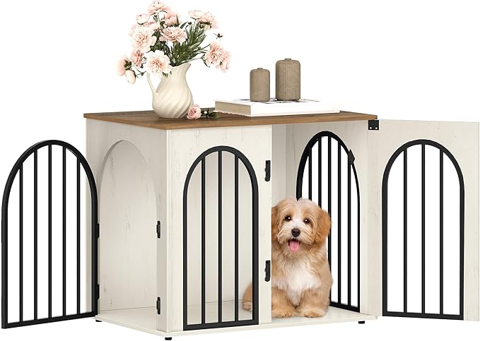 26.8'' Wooden Dog Crate Furniture, Indoor Dog Kennel Dogs Cage for Small Dogs, Heavy Duty Dog Crates Decorative Pet House End Side Table TV Stand, White Brown DFC85514B